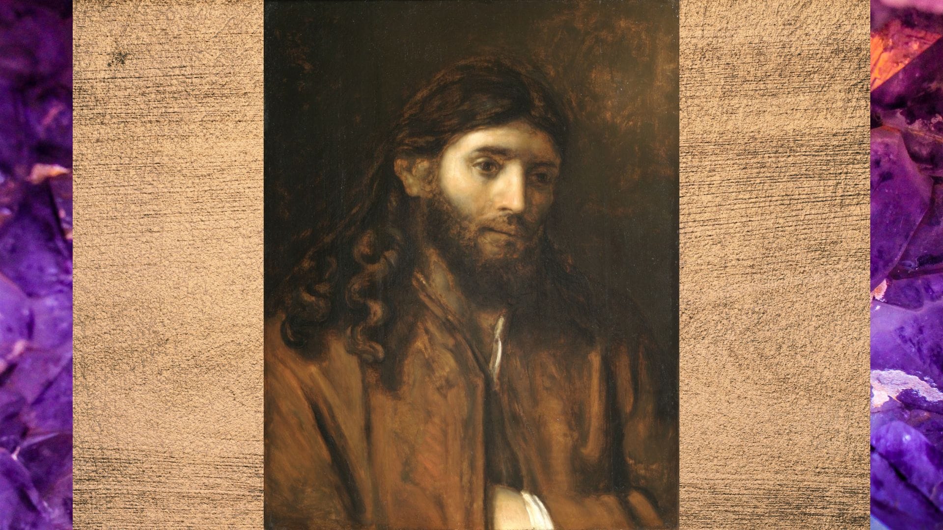 Oil painting portrait of Jesus Christ portraying a contemplative, quiet mood. In the style of Rembrandt 's Baroque and dramatic use of light and shadow