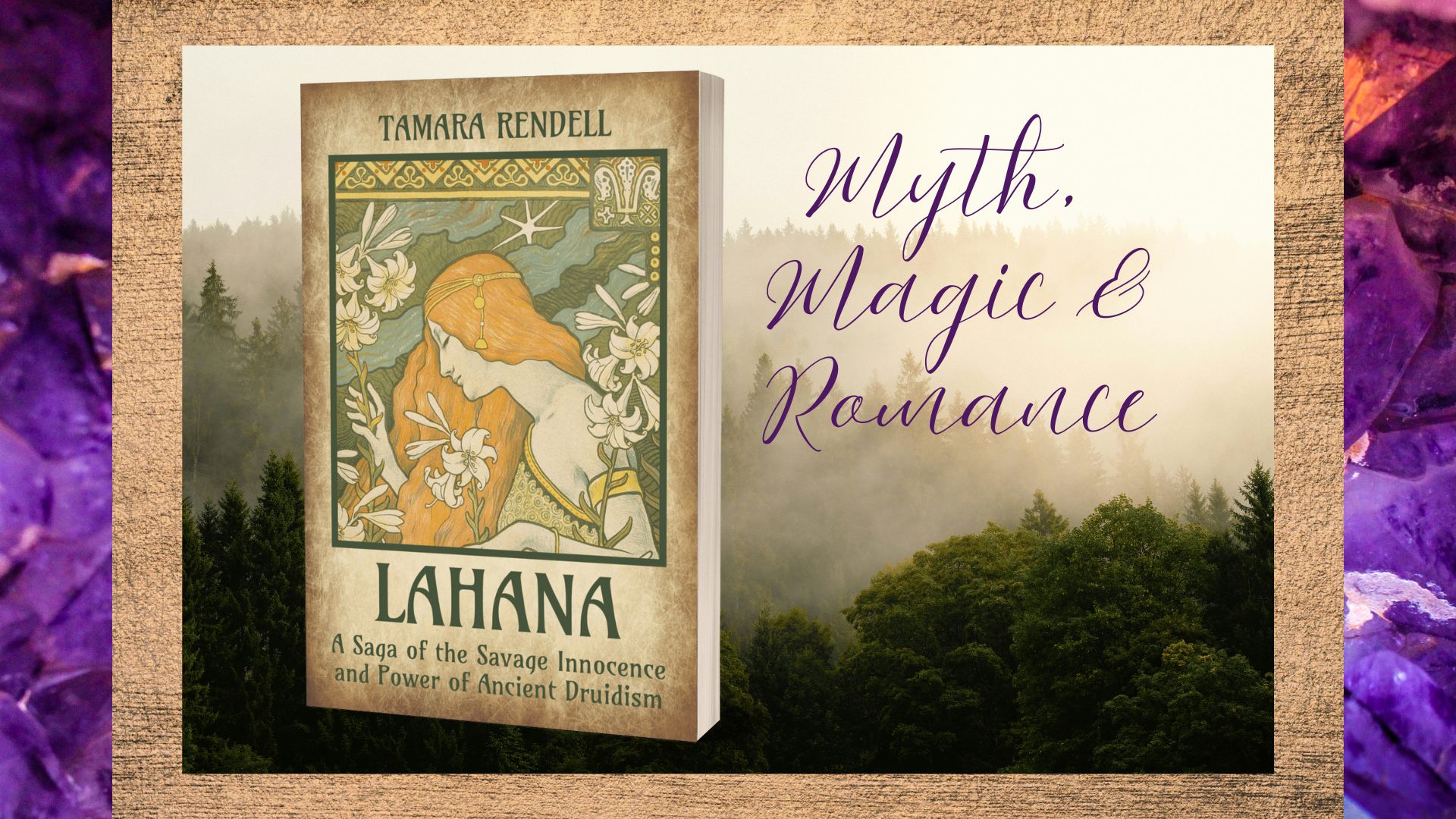 Book cover and photo of a misty forest. Gold and amythest background. Text" Myth, magic and romance