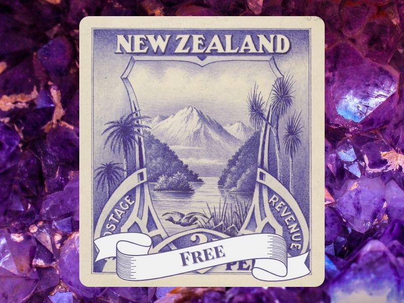 Vintage New Zealand Postage Stamp with mountains and forest. "Free" banner overlayed.