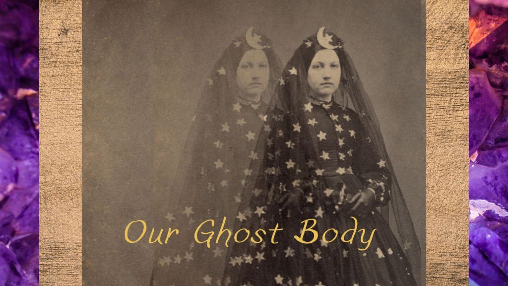 Double exposure edit of Vintage photo of a woman in a star-patterned gown with a crescent moon headdress. Amethyst crystal background.