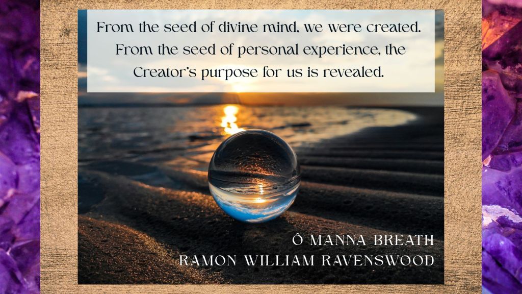 Crystal ball on the sand before ocean and sunrise. Text: From the seed of divine mind, we were created. From the seed of personal experience, the Creator’s purpose for us is revealed.