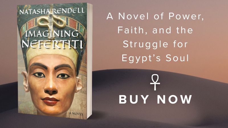 Imagining Nefertiti Book cover with desert sands background. Link to purchase.